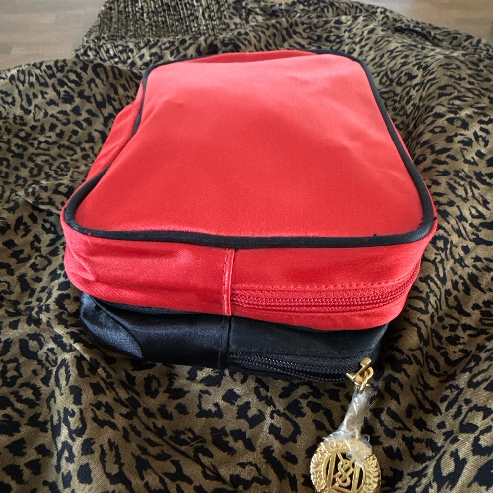 YSL Beautu vintage makeup bag- Black and Red Zip Pouch with Gold Medallion Charm - Picture 6 of 9